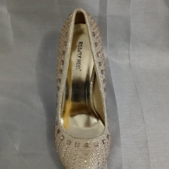 Champagne Rose Rhinestone Gold Spiked Heel 5 1/2in Platform Stiletto - Picture 6 of 12